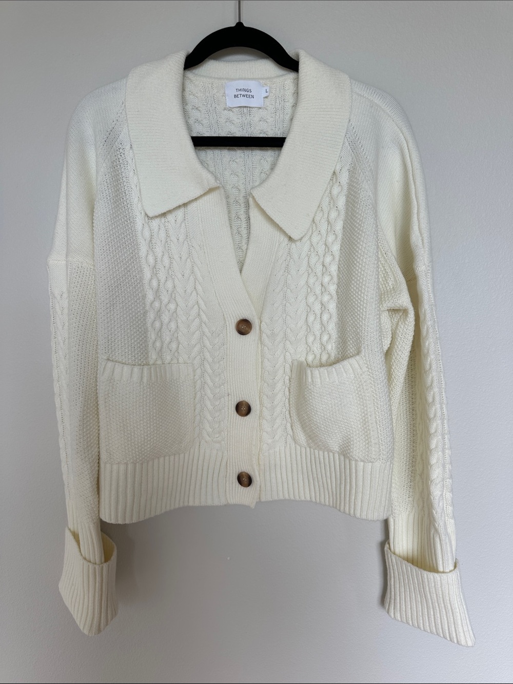 Things Between Cream Cable Knit Collared Button-Front Cardigan